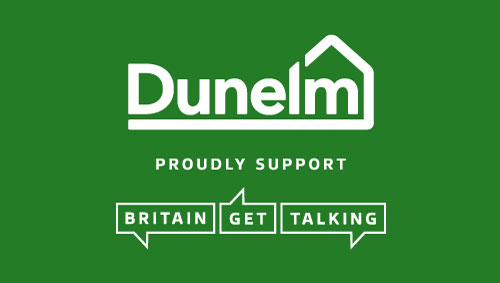 Dunelm logo. The text reads 'Dunelm. Proudly support Britain Get Talking.'